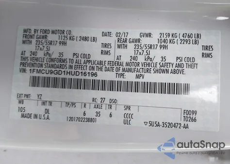 2017 Ford Escape Se from USA, damaged, VIN 1FMCU9GD1HUD16196